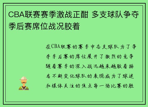 CBA联赛赛季激战正酣 多支球队争夺季后赛席位战况胶着