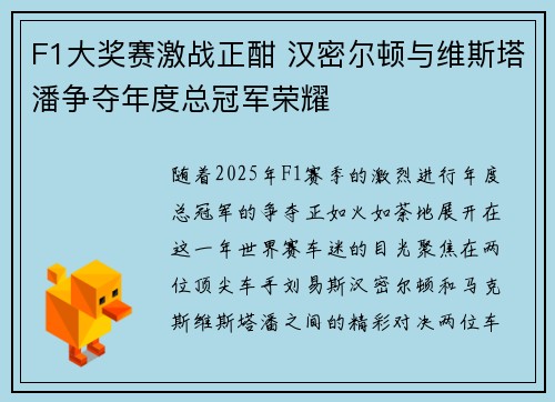 F1大奖赛激战正酣 汉密尔顿与维斯塔潘争夺年度总冠军荣耀
