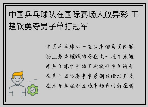 中国乒乓球队在国际赛场大放异彩 王楚钦勇夺男子单打冠军