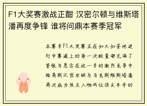 F1大奖赛激战正酣 汉密尔顿与维斯塔潘再度争锋 谁将问鼎本赛季冠军