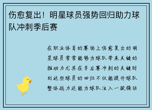 伤愈复出！明星球员强势回归助力球队冲刺季后赛