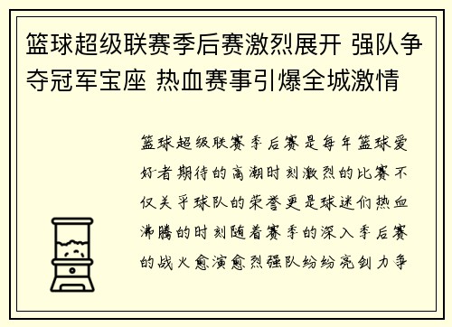 篮球超级联赛季后赛激烈展开 强队争夺冠军宝座 热血赛事引爆全城激情