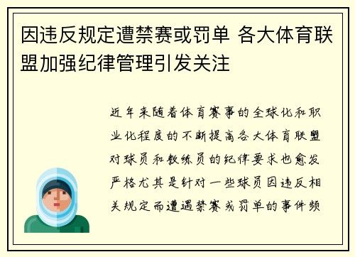 因违反规定遭禁赛或罚单 各大体育联盟加强纪律管理引发关注