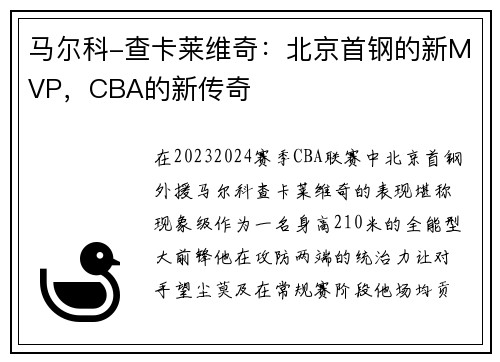 马尔科-查卡莱维奇：北京首钢的新MVP，CBA的新传奇