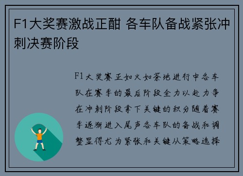 F1大奖赛激战正酣 各车队备战紧张冲刺决赛阶段