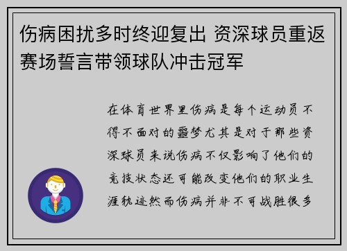 伤病困扰多时终迎复出 资深球员重返赛场誓言带领球队冲击冠军